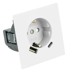 Розетка 1-местная + USB + Type C (механизм) СП STEKKER Мия с защитной шторкой и заземлением, 250В, 16А, RST16-3119-01, белая магнолия