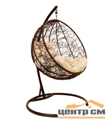 Подвесное кресло "Круглое", цвет плетения – коричневый, подушка – бежевый, каркас – коричневый