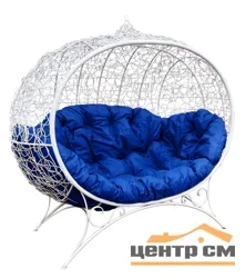Диван УЛЕЙ на ножках с ротангом белый, подушка синяя